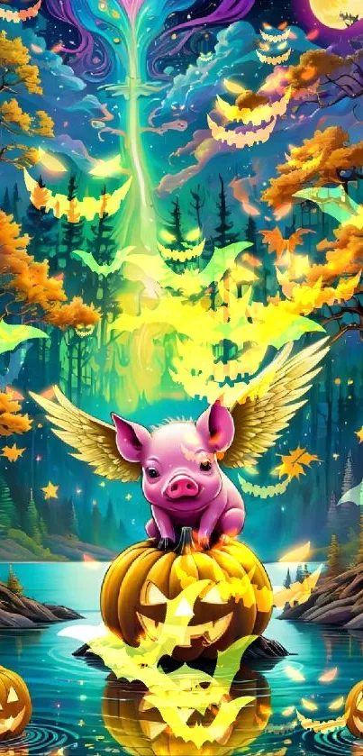 Flying pig on pumpkin in enchanted forest under moonlight.