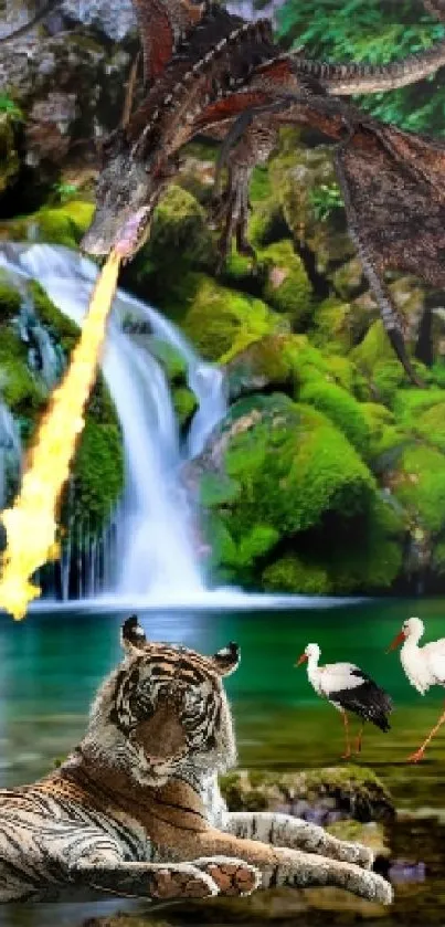 A dragon and tiger in lush green forest by a waterfall.