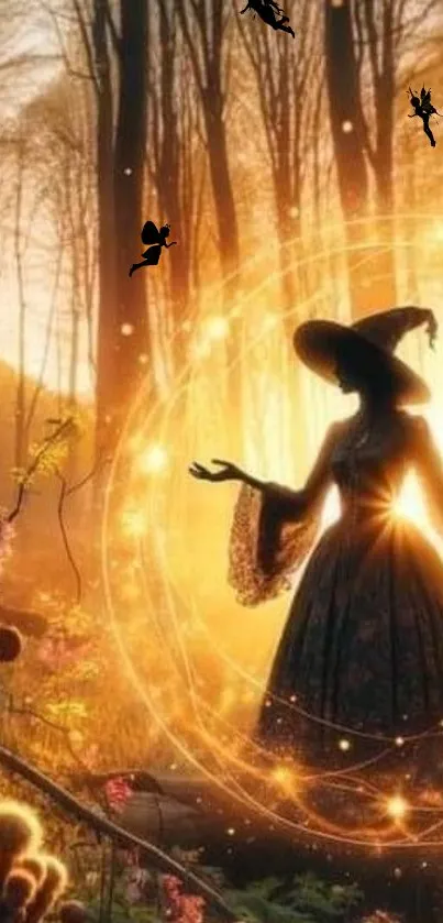 Silhouette of a sorceress casting magic in an enchanting forest.