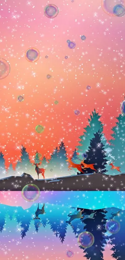 Magical forest wallpaper with deer, stars, and a colorful sky reflection.