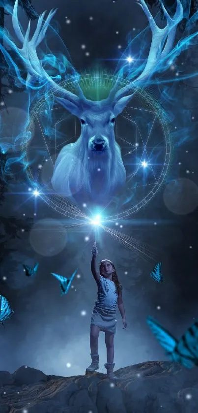 Mystical blue forest with glowing stag and butterflies in magical scene.