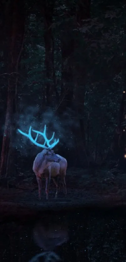 Mystical stag with glowing antlers in a dark, magical forest.