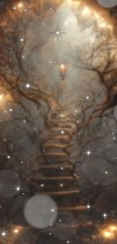 Mystical forest stairway with magical lights and stars, creating a fantasy ambiance.