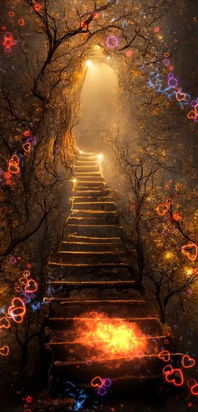 A mystical forest stairway with glowing golden lights.