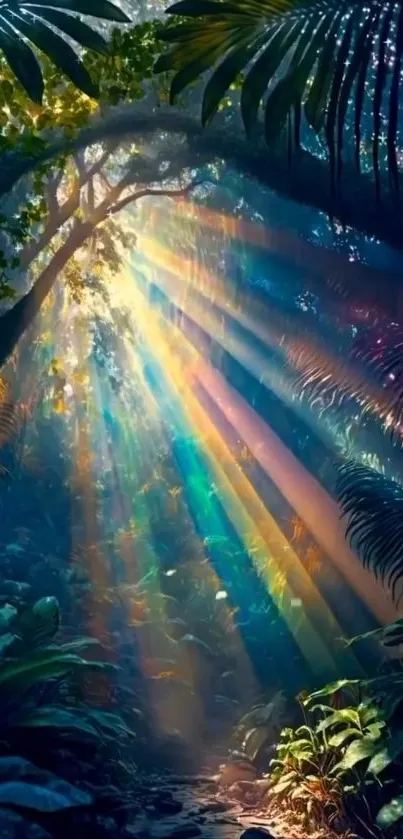 Magical forest with vibrant sunbeams penetrating through lush greenery.