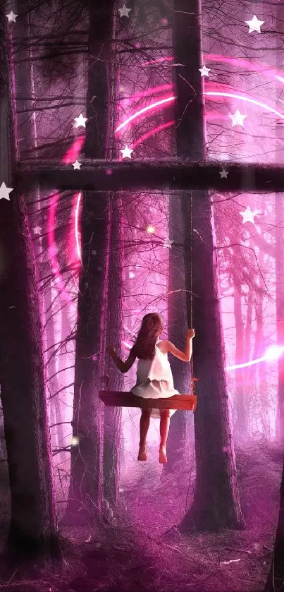 A girl on a swing in a mystical, purple-lit forest at night.