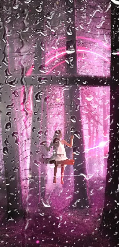 Enchanting forest wallpaper with pink aura and girl on swing.