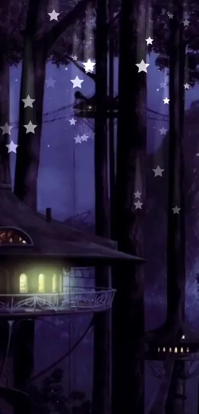 Treehouse village in a starry, magical forest night scene.