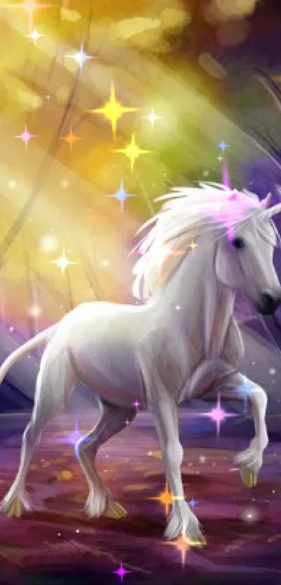 A graceful unicorn wanders in a sunlit purple forest, exuding a magical aura.