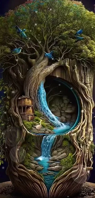 Magical tree art with waterfall and treehouse in forest design.