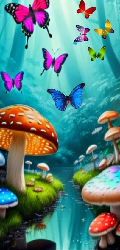 Vibrant forest with butterflies and mushrooms in whimsical colors.