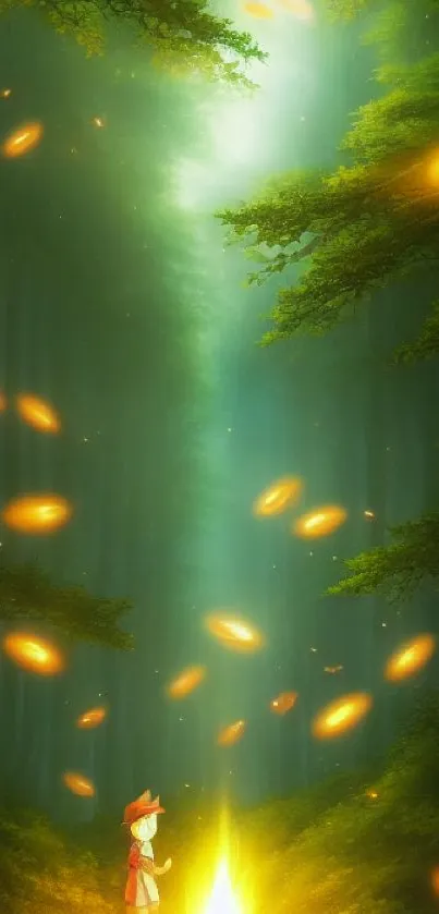 A whimsical forest scene with glowing fireflies and a child in a red hat.