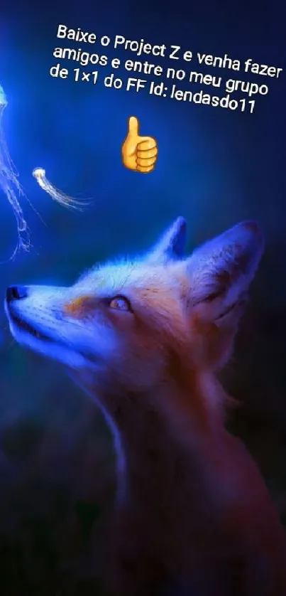 A fox admires a glowing jellyfish under the starry night sky, creating a magical scene.