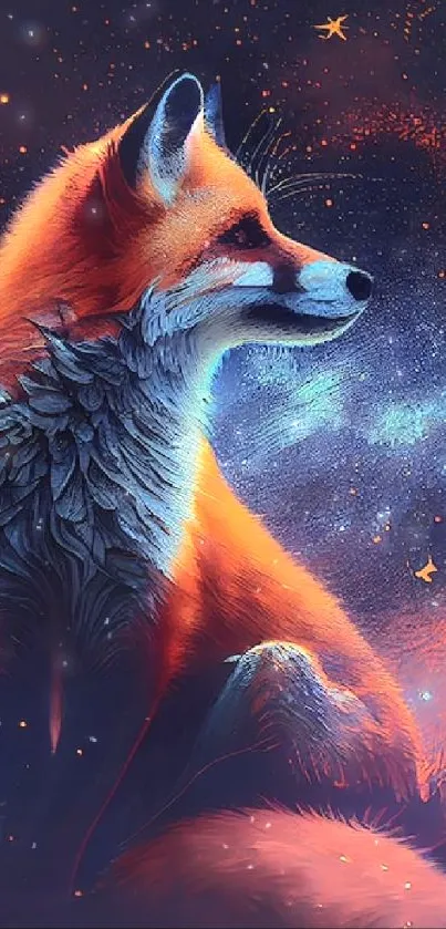 Magical fox sits under a starry night sky with glowing celestial colors.