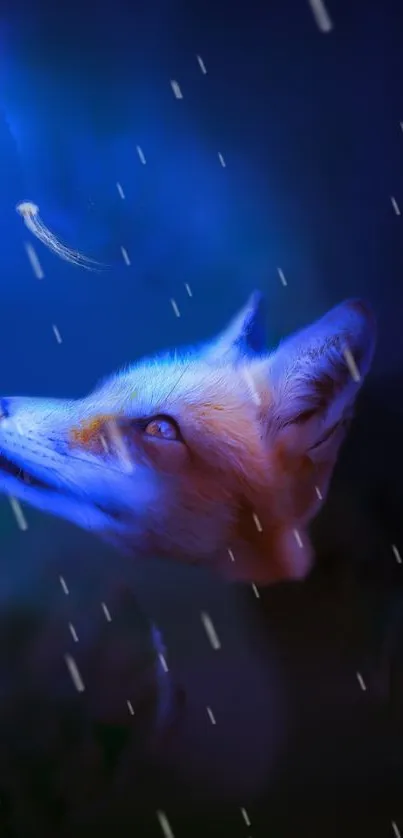 Stunning fox illustration in magical night setting with vibrant blue hues.