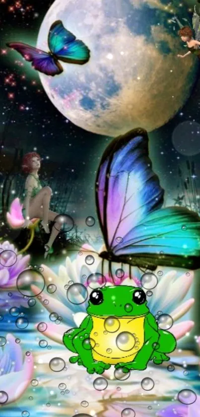 Fantasy scene with frog, fairies, butterflies under a moonlit sky.