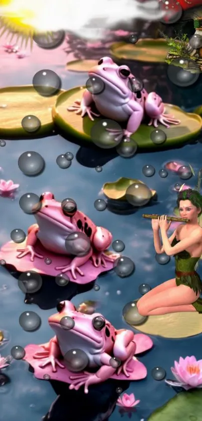 Magical scene with pink frogs and a fairy on lily pads.