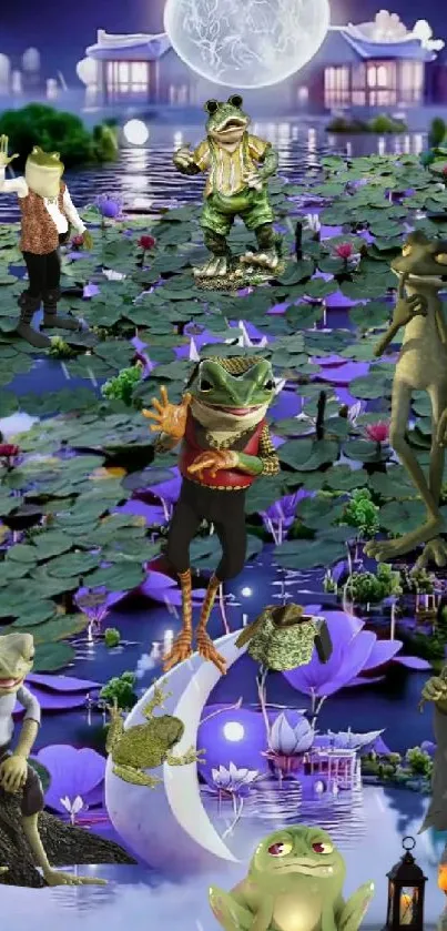 Fantasy frogs on a moonlit lily pond in a magical scene.