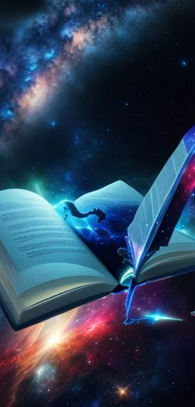 A fantasy wallpaper with an open book and galaxy theme in vibrant colors.