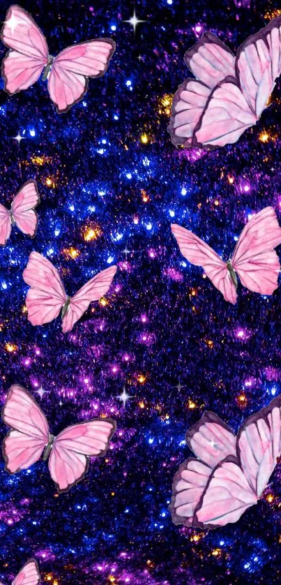 Pink butterflies with a galaxy and stars background.