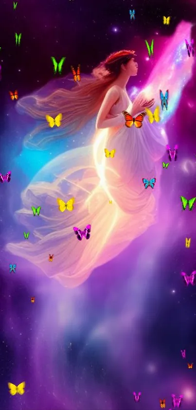 Whimsical fairy with butterflies in a vibrant galaxy background.