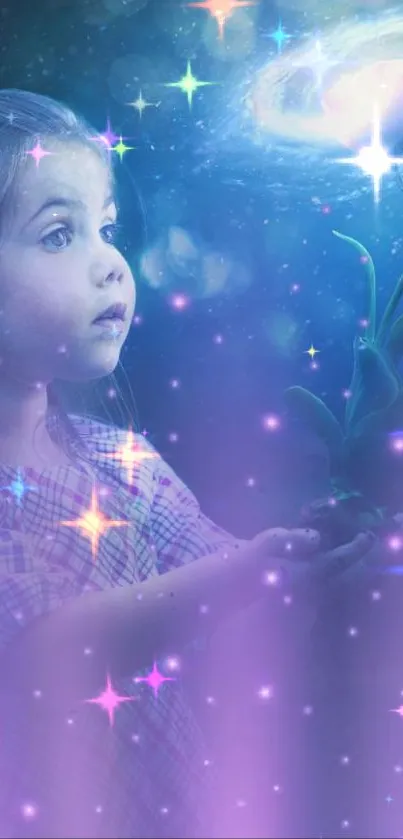 Young girl in galaxy scene with stars.