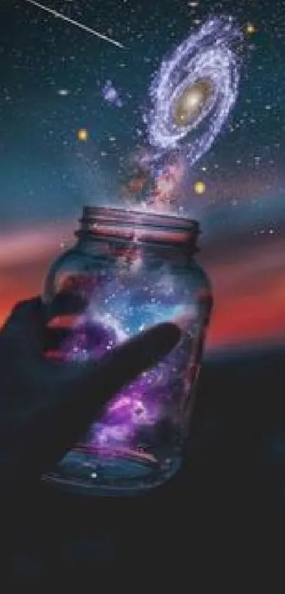 Hand holding a jar with a galaxy under a starry night sky.