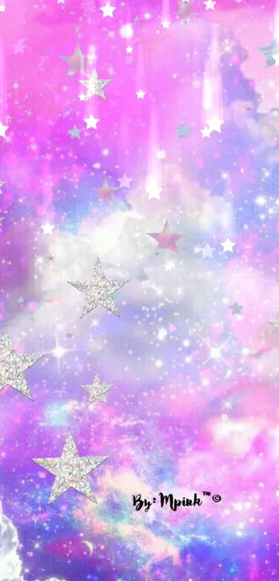 Whimsical pink and purple galaxy with sparkling stars wallpaper.