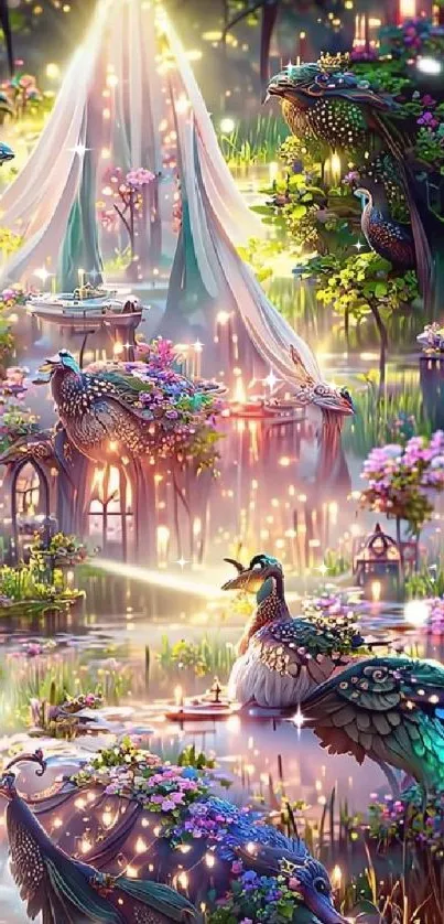 Magical garden wallpaper with peacocks and glowing lights.