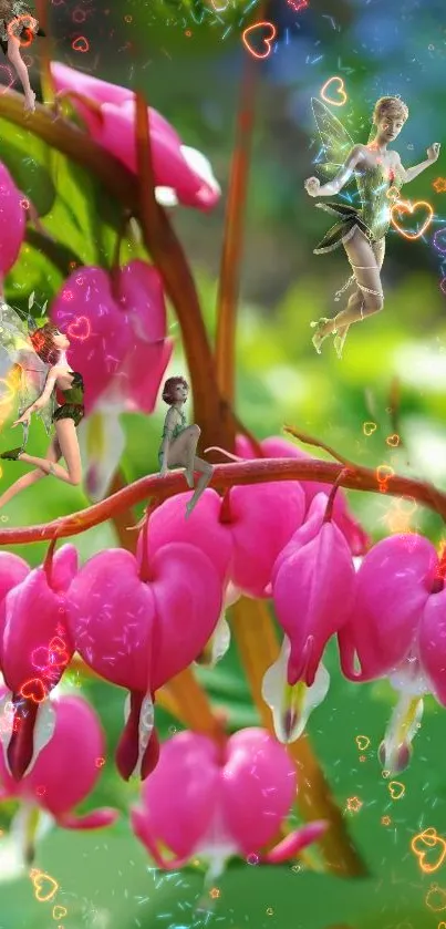 Magical fairies dance among pink flowers in a vibrant garden setting.