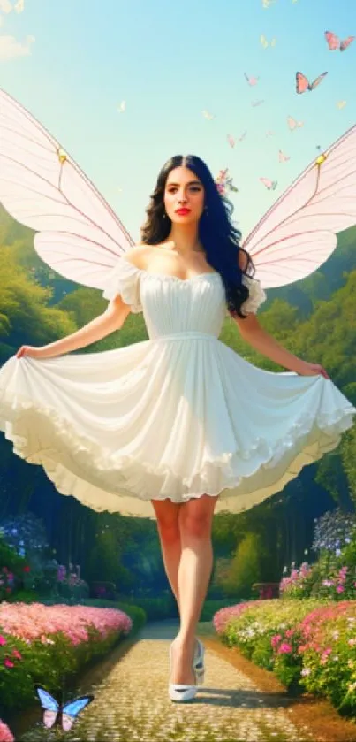 Enchanting garden fairy with wings and butterflies.