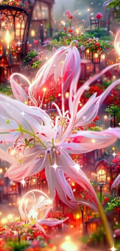 Fantasy garden wallpaper with glowing flowers and magical ambiance.