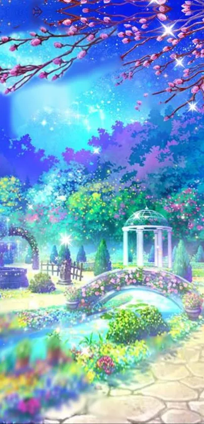 Magical garden scene with vivid colors and a starry night sky.