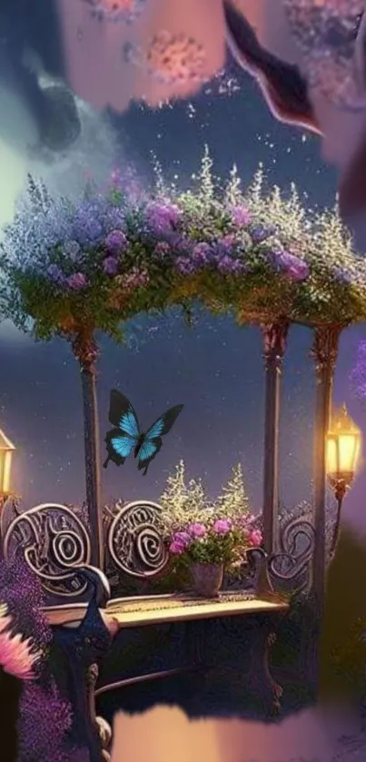 A beautiful night garden with a blue butterfly and glowing lanterns.