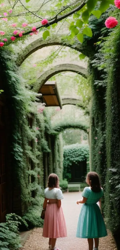 Two girls walking in a lush, green garden pathway with vibrant flowers.