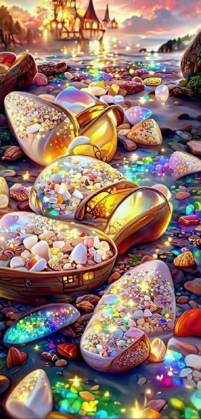 A fantasy beach with glowing gemstones at sunset.