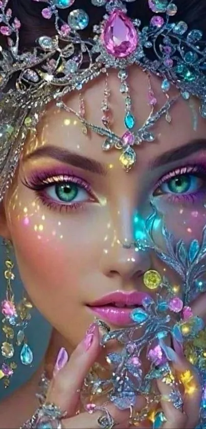 Fantasy princess adorned with gemstones and sparkles.