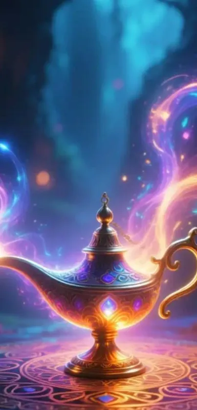 Magical genie lamp with colorful mystical auras.