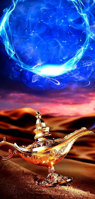 Golden genie lamp with blue orb in desert night scene.