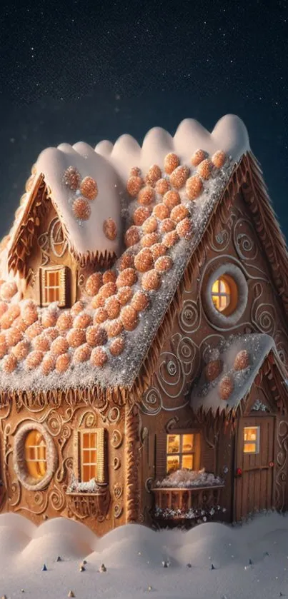 A whimsical gingerbread house in a snowy landscape with warm glowing lights.