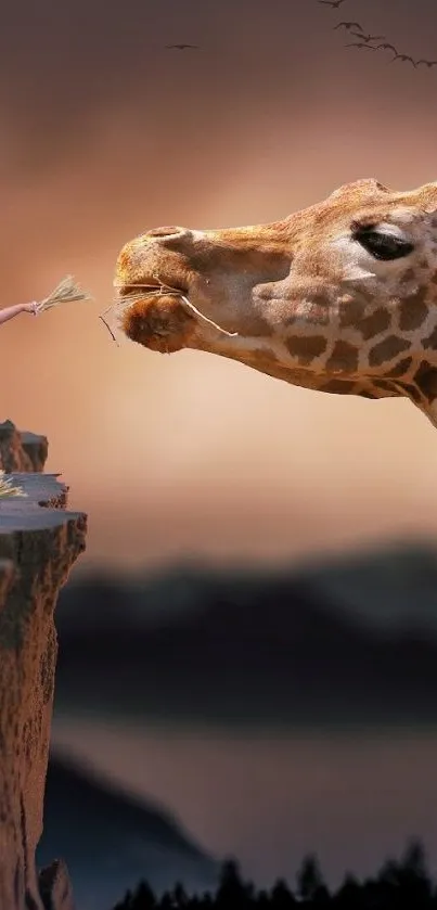 Fantasy wallpaper with giraffe on cliff at sunset.