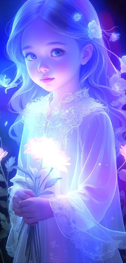 Magical girl holding glowing flowers.