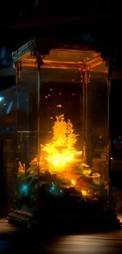 Enchanted glass terrarium with a golden glow, perfect for magical phone wallpaper.
