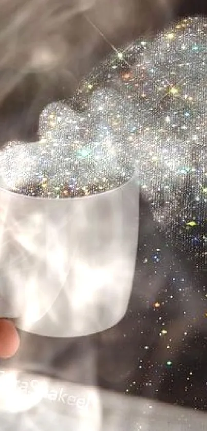 A white mug with glittering steam on a wooden table.