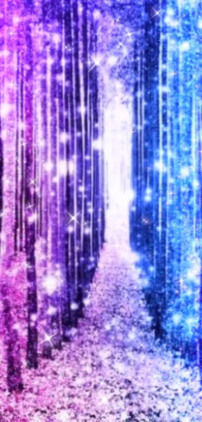 Magical glitter forest with purple and blue sparkling lights.