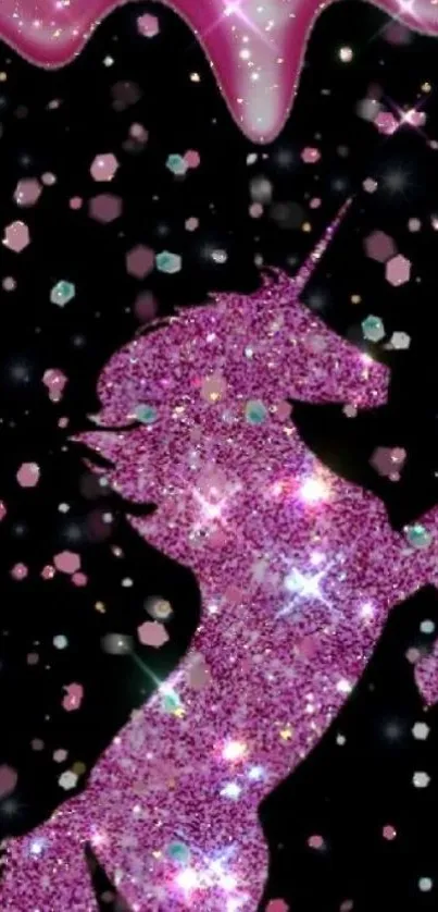 Sparkling pink unicorn with glitter on a magical background.