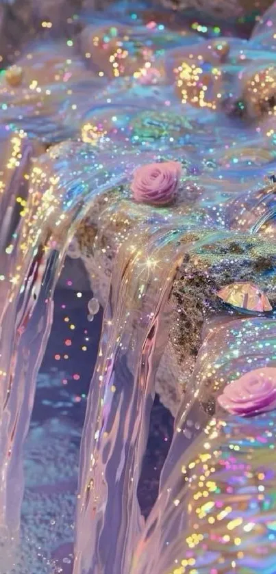 Glittering waterfall with pastel hues and roses, creating a magical visual appeal.