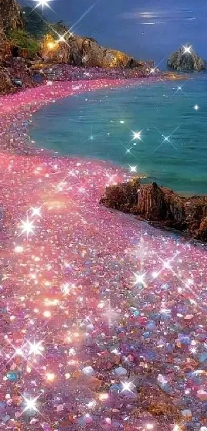 Glittering beach with colorful pebbles under a serene night sky.