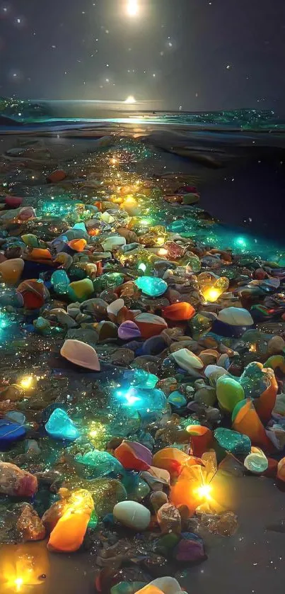 Glowing multicolored stones on a tranquil beach at night.