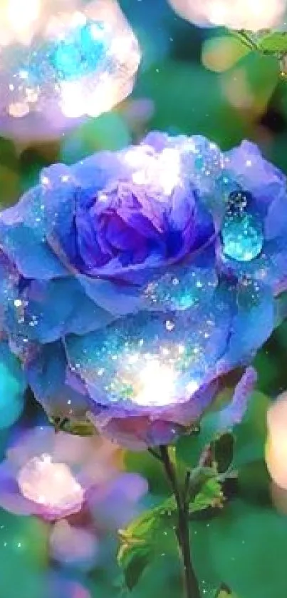 Enchanting mobile wallpaper with a glowing blue rose and mystical lights.